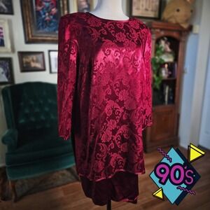 Vintage 90s Gemini II Burgundy Satin Jacquard Shift Dress Baroque Shoulder Pads